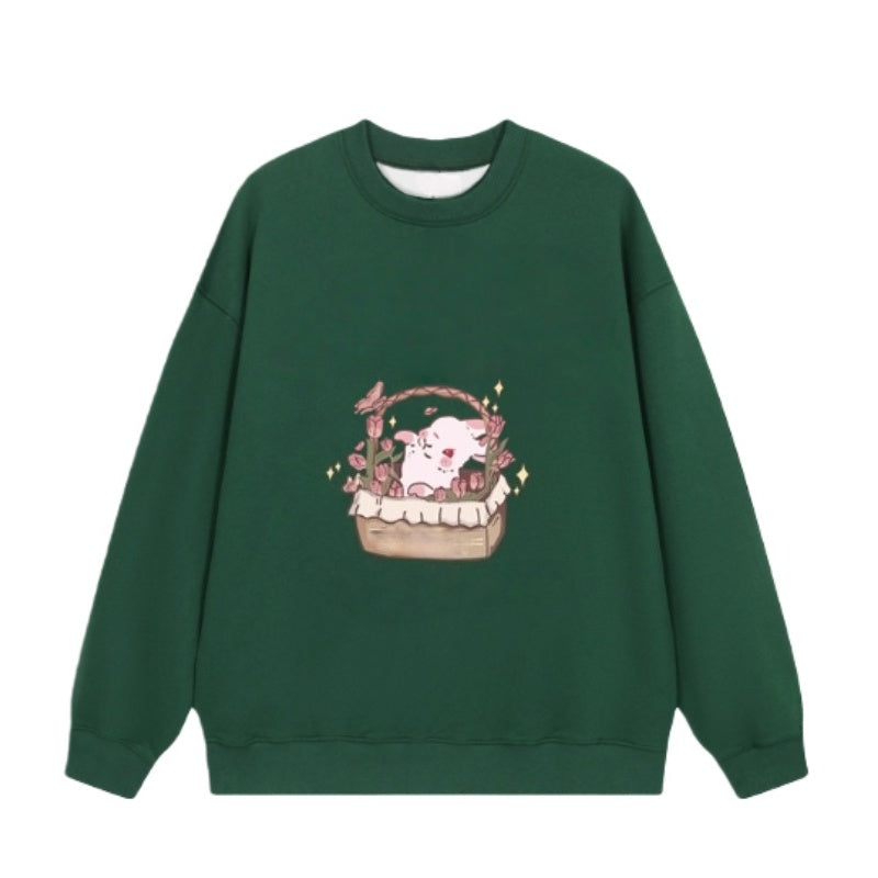 Retro Green Pure Cotton Casual Sweatshirt
